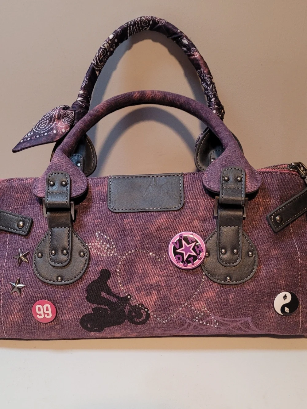 Von Dutch Purple and Pink Satchel with Logo and Bandana-Wrapped Handles
